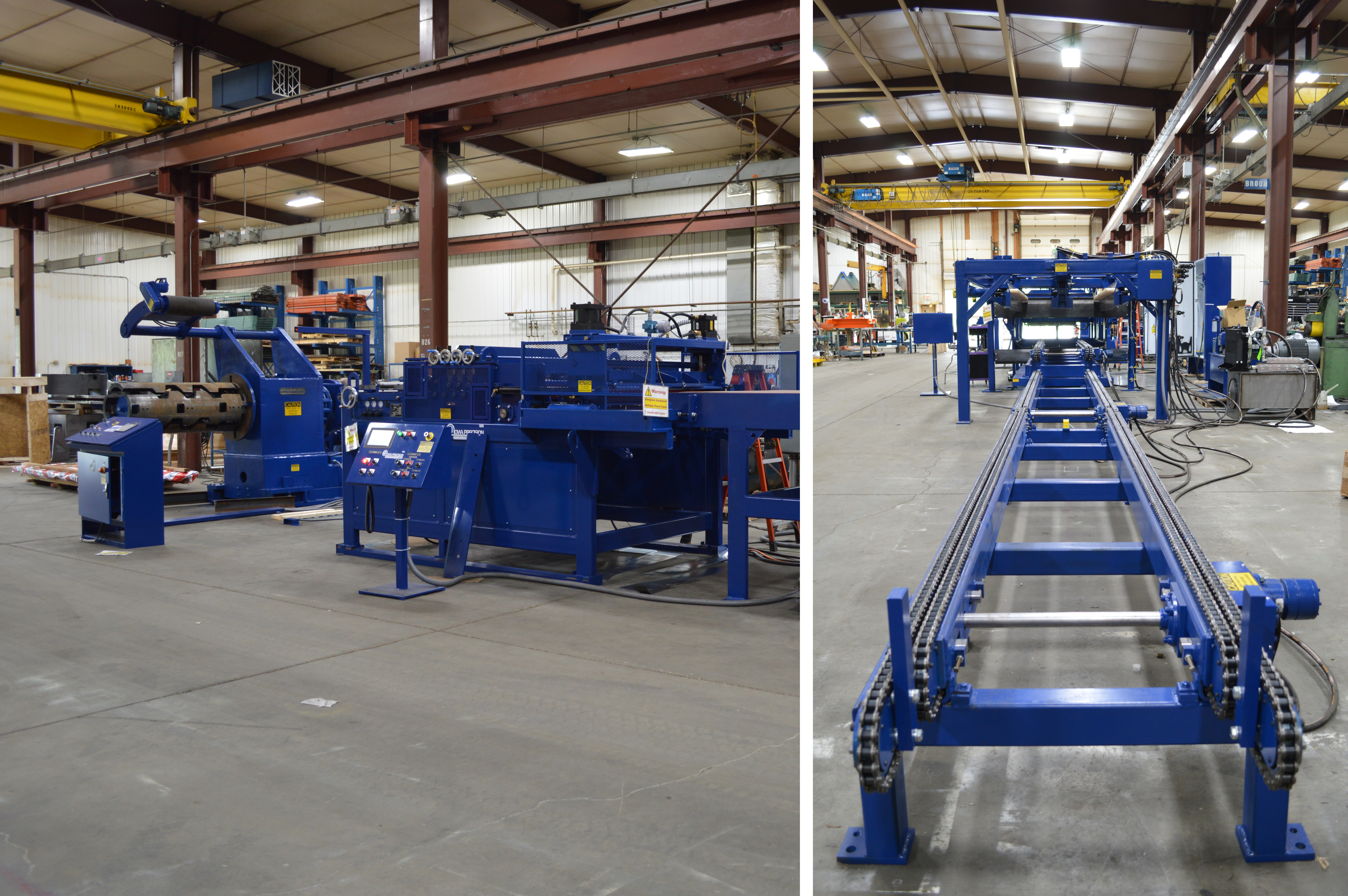 cut-to-length, CTL, blanking, cut line, retrofitted stock reel, uncoiler, straightener, powered stock straightener, stock straightener, metal coil straightener, peeler table, peeler/threader table, peeler blade, flying shear, flying cutoff, cutoff shear, motorized flying shear, traveling shear, beading roll, bead roll, beading, down bead, downbead, close tolerance, close tolerance package, computerized control, touchscreen, touchscreen HMI, autostacker, stacker, drop stacker, sheet stacker, lift table, stack table, runout conveyor, roller conveyor, stack conveyor